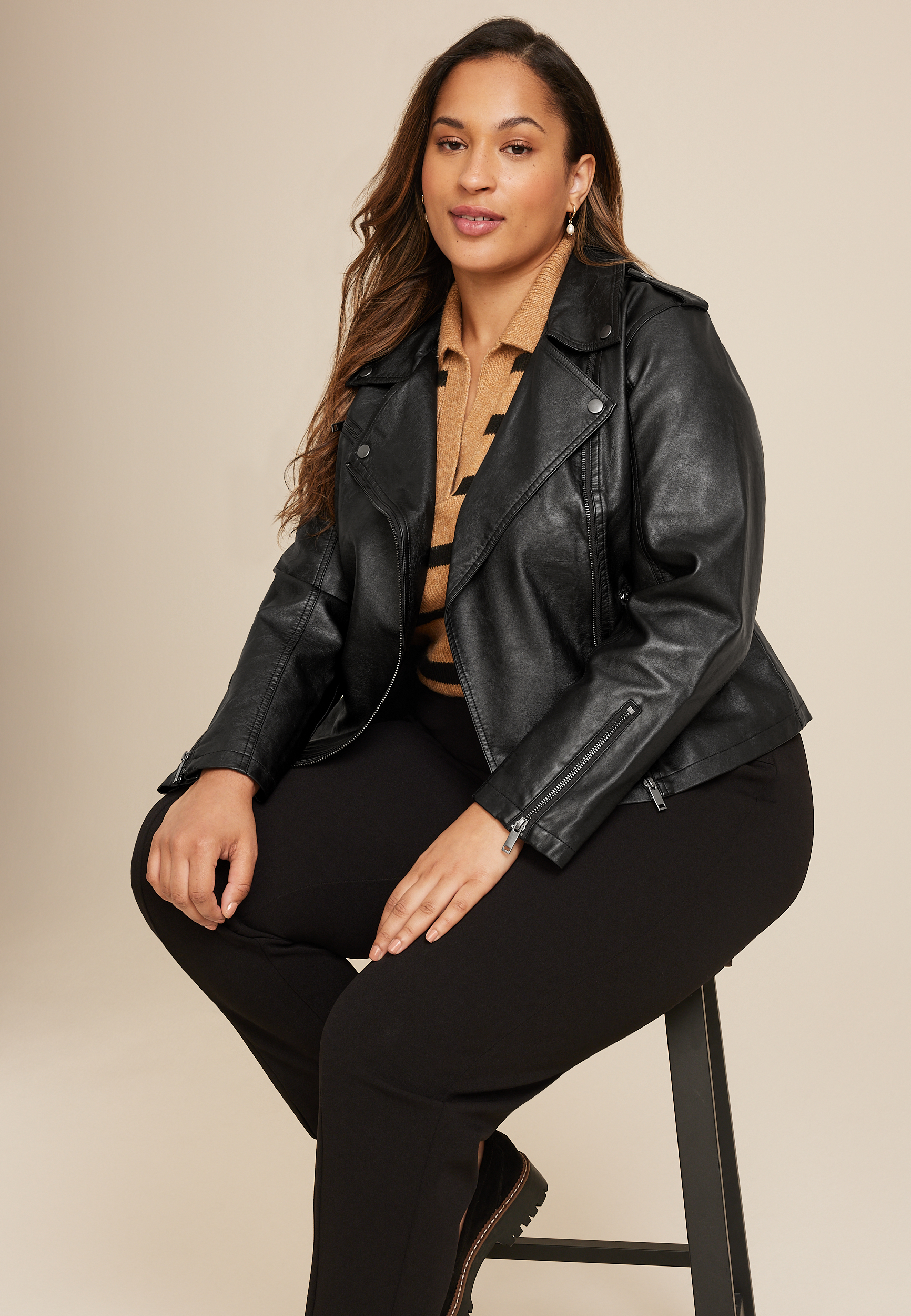 Plus Size Faux Leather Moto Jacket, C106, large