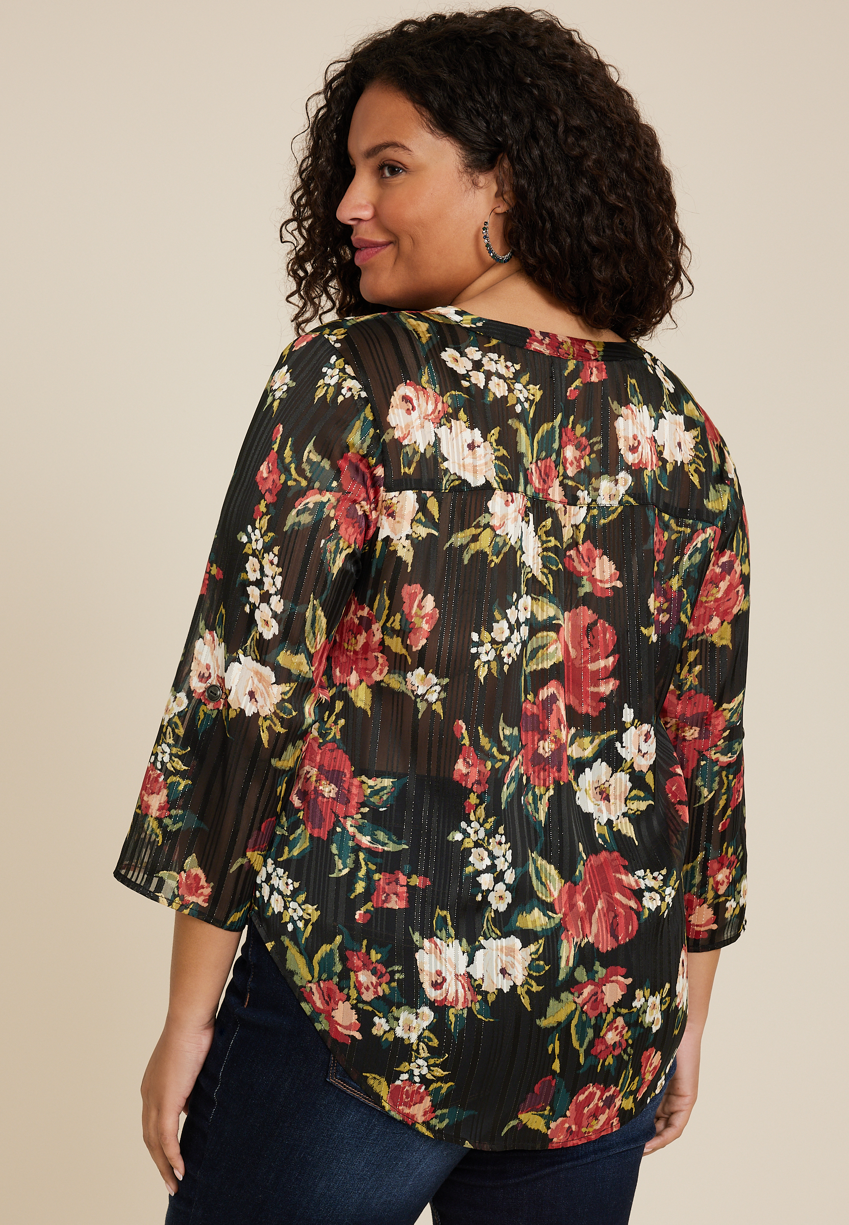 Plus Size Atwood 3/4 Sleeve Popover Blouse, BLACK COMBO, large