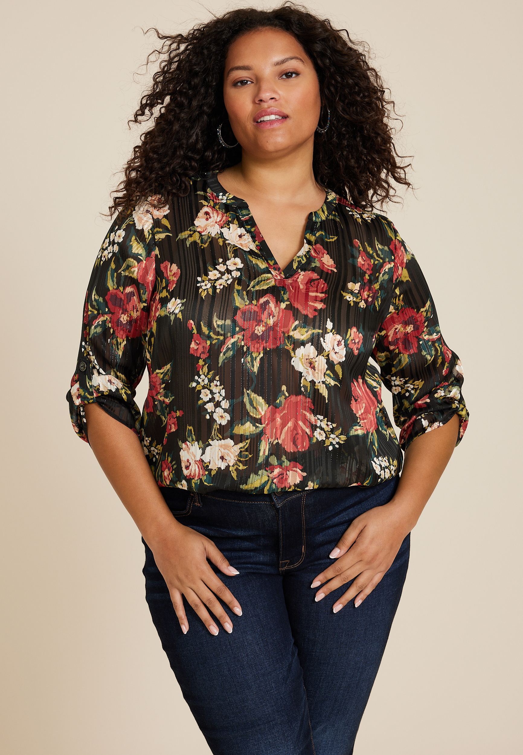 Plus Size Atwood 3/4 Sleeve Popover Blouse, BLACK COMBO, large
