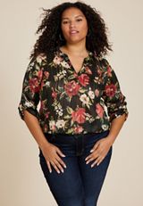 Plus Size Atwood 3/4 Sleeve Popover Blouse, BLACK COMBO, small