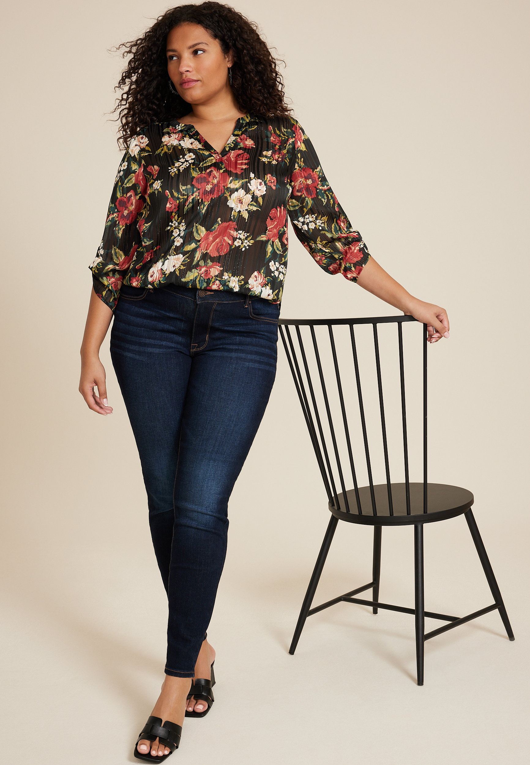 Plus Size Atwood 3/4 Sleeve Popover Blouse, BLACK COMBO, large