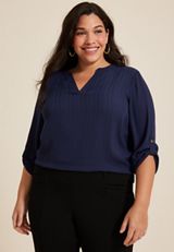 Plus Size Atwood 3/4 Sleeve Popover Blouse, BLUE JASMINE, small