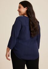 Plus Size Atwood 3/4 Sleeve Popover Blouse, BLUE JASMINE, small