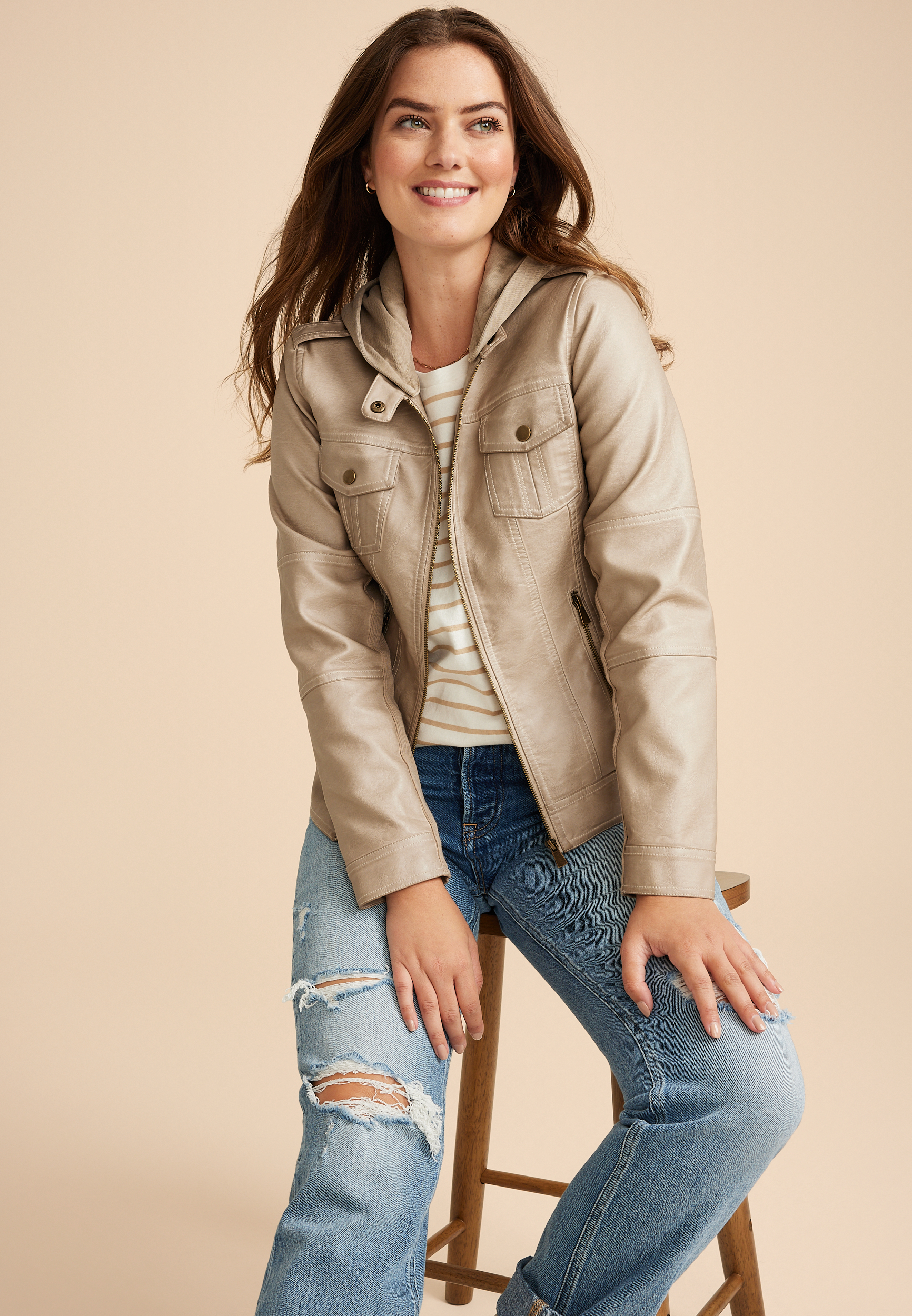 Hooded Faux Leather Jacket, C9749, large