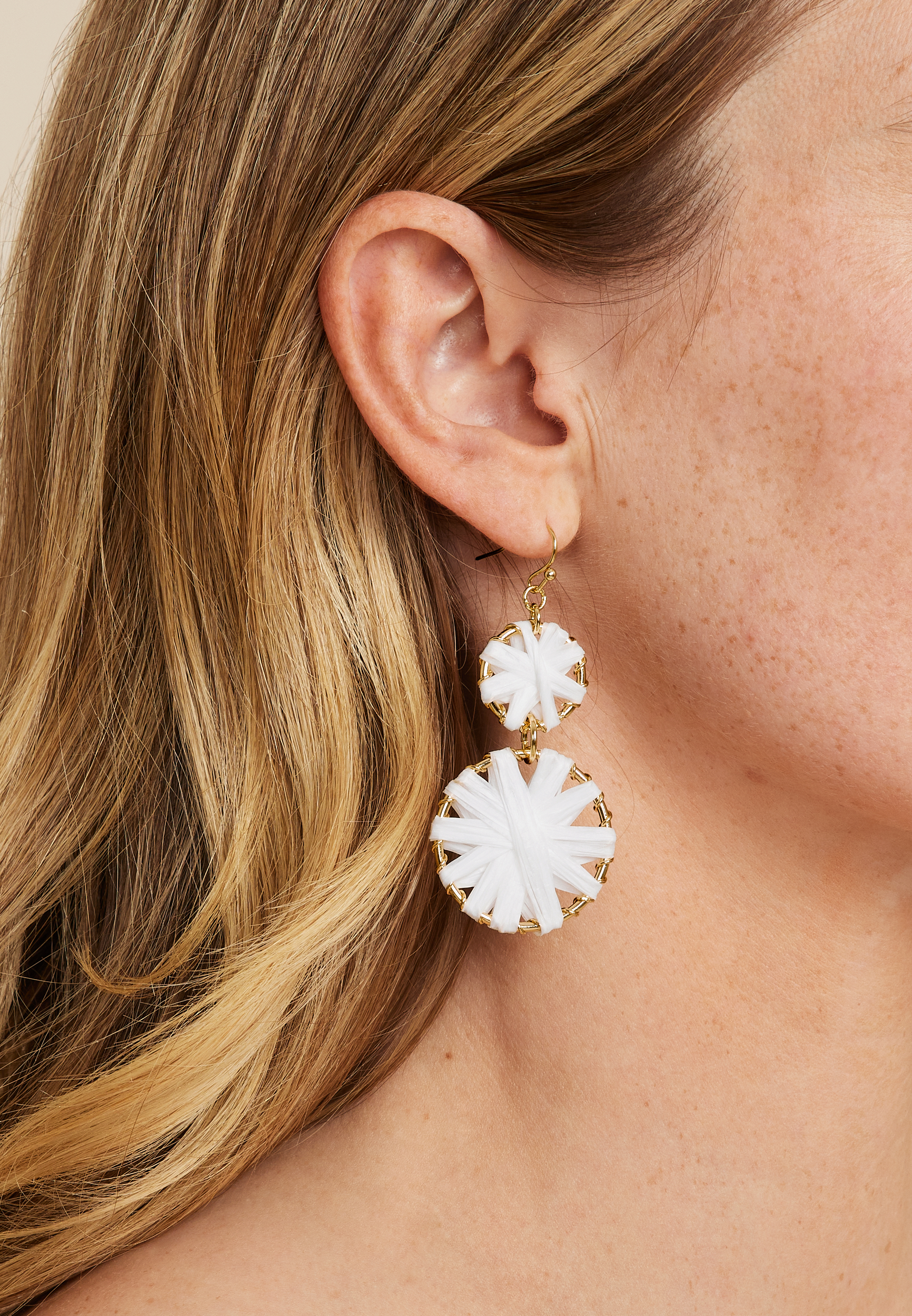 White Raffia Wrapped Double Drop Earrings, WHITE, large