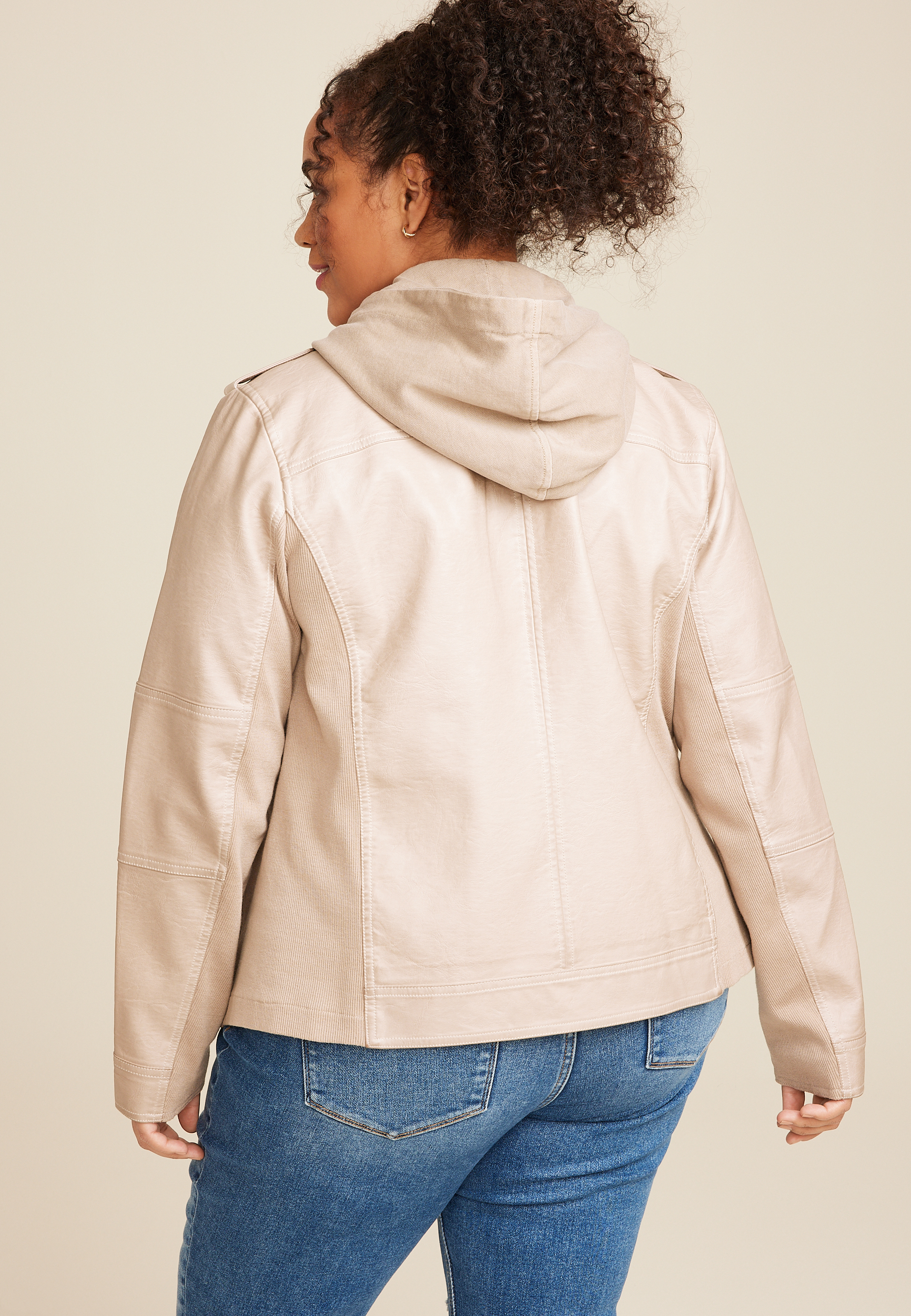 Plus Size Hooded Faux Leather Jacket, C9749, large