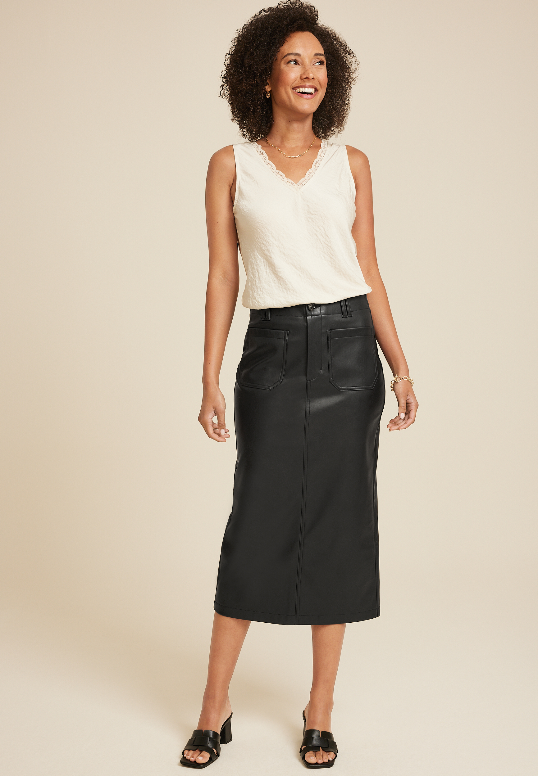 Faux Leather High Rise Midi Skirt