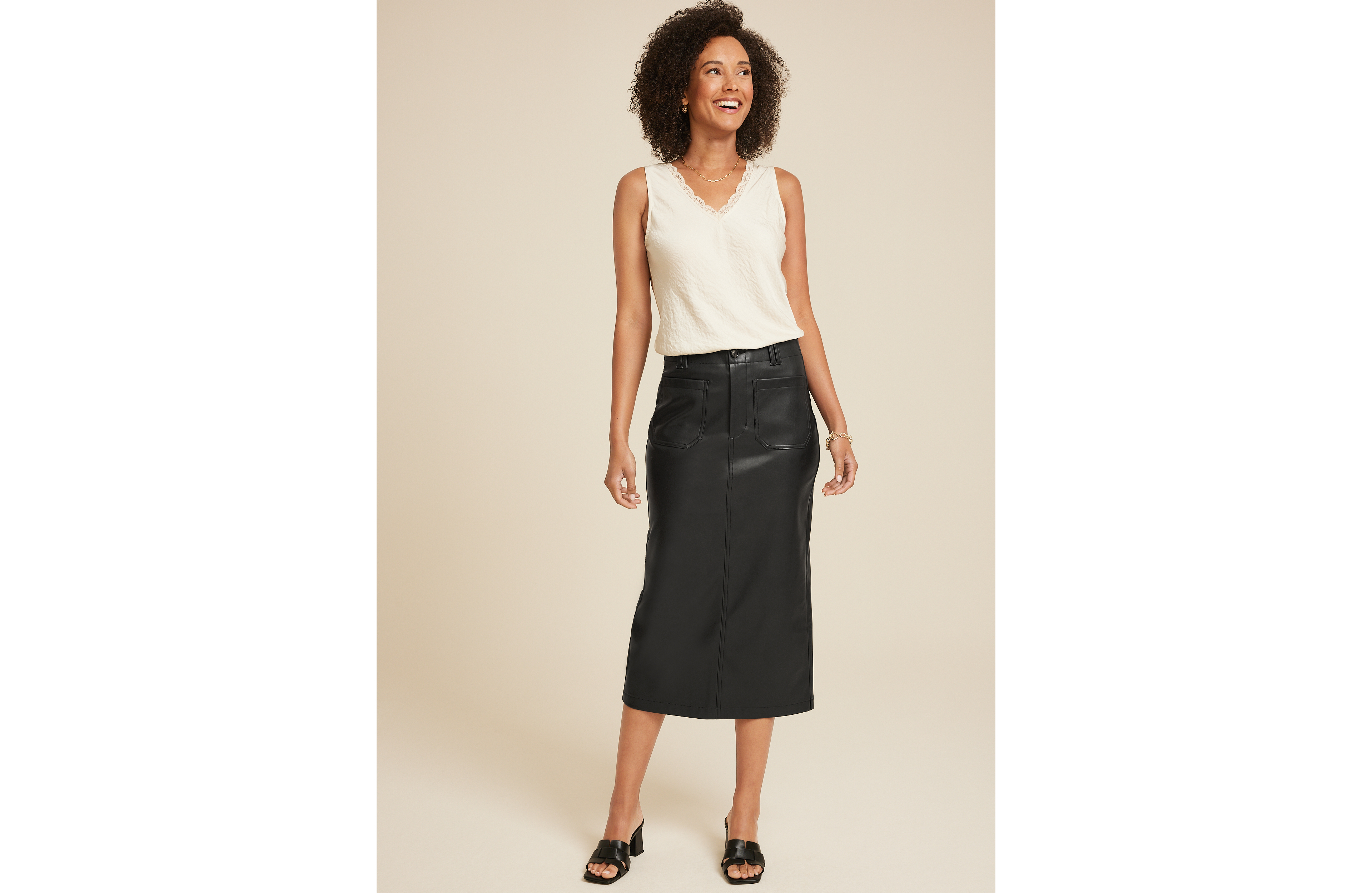 Faux Leather High Rise Midi Skirt