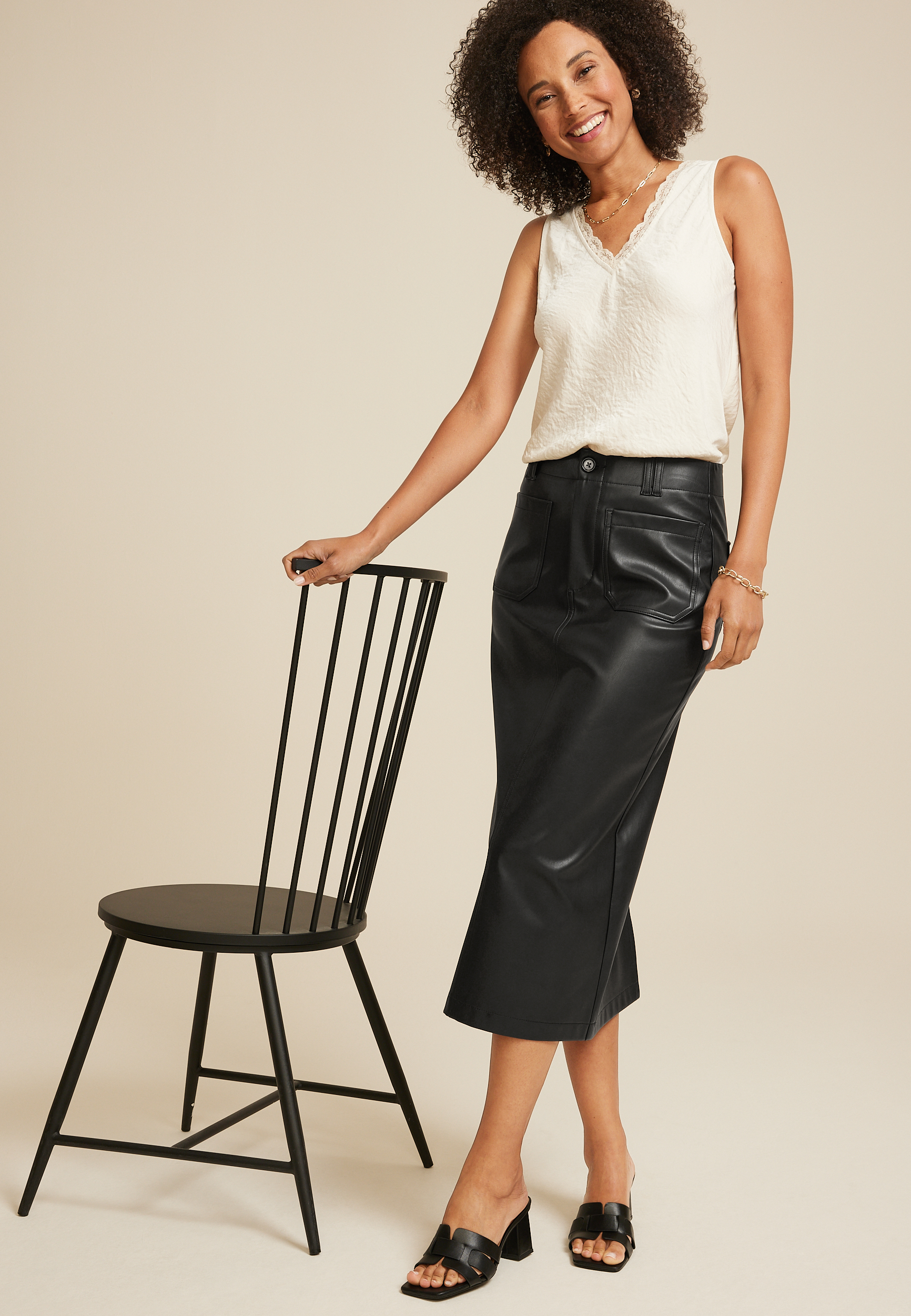 Faux Leather High Rise Midi Skirt, C106, large
