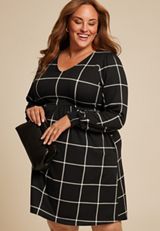 Plus Size 24/7 Windowpane Long Sleeve Mini Dress, BLACK COMBO, small