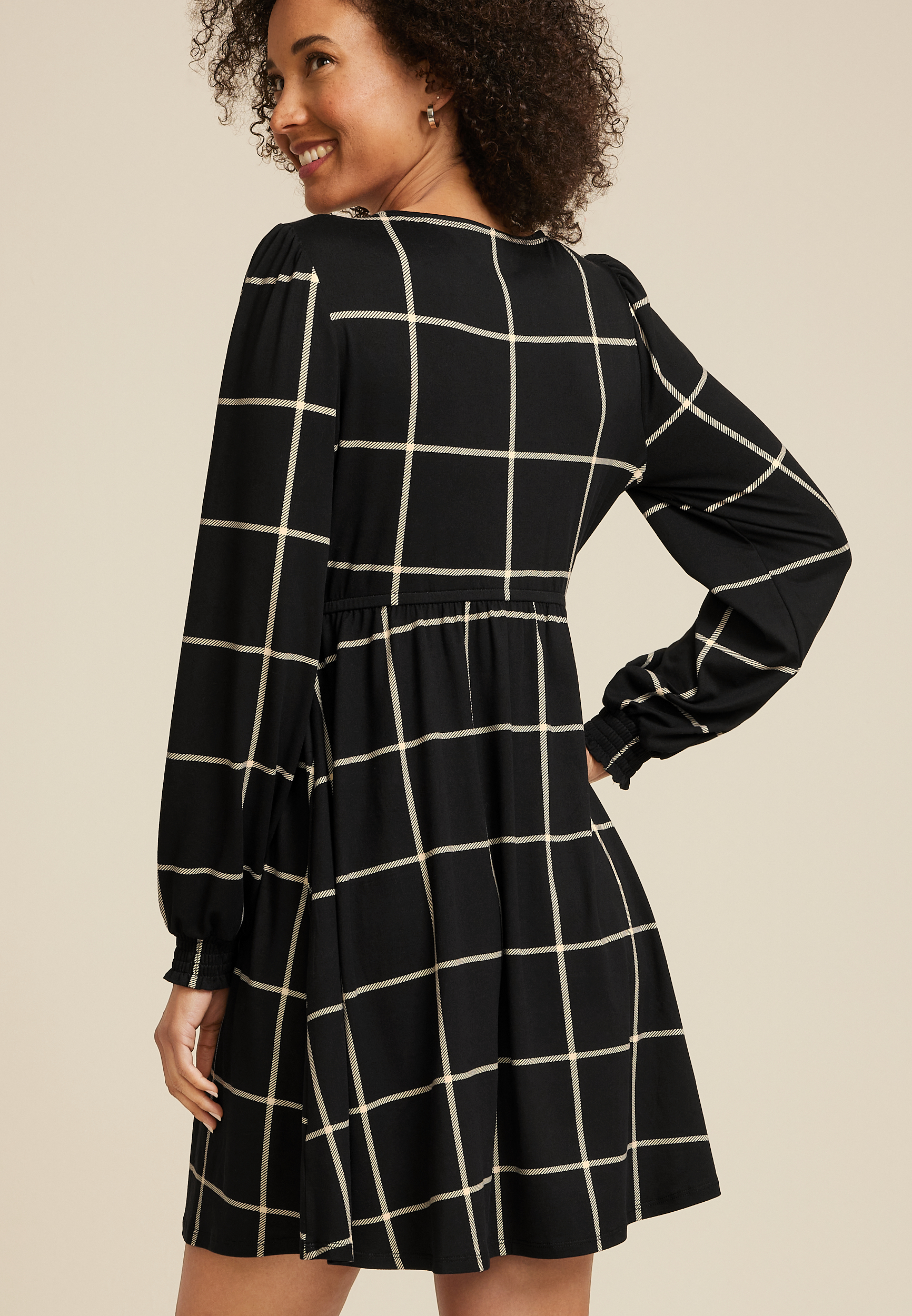 24/7 Windowpane Long Sleeve Mini Dress, C1756, large