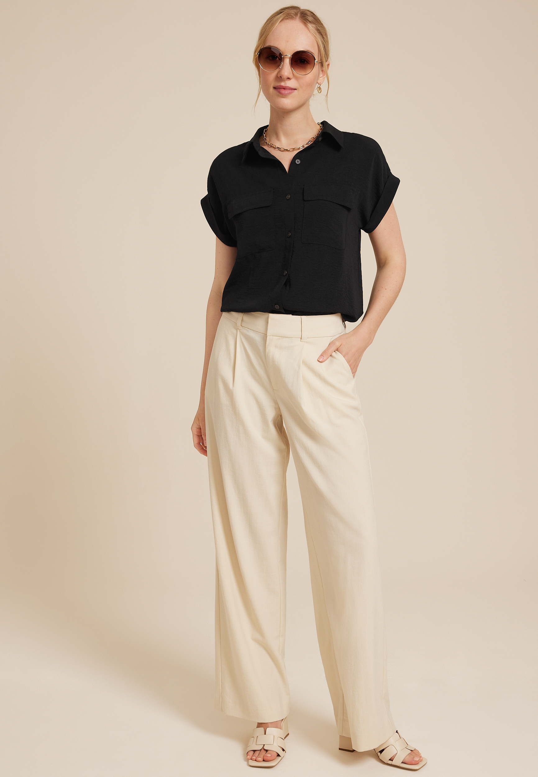 Dolman Short Sleeve Button Down Blouse, C106, large