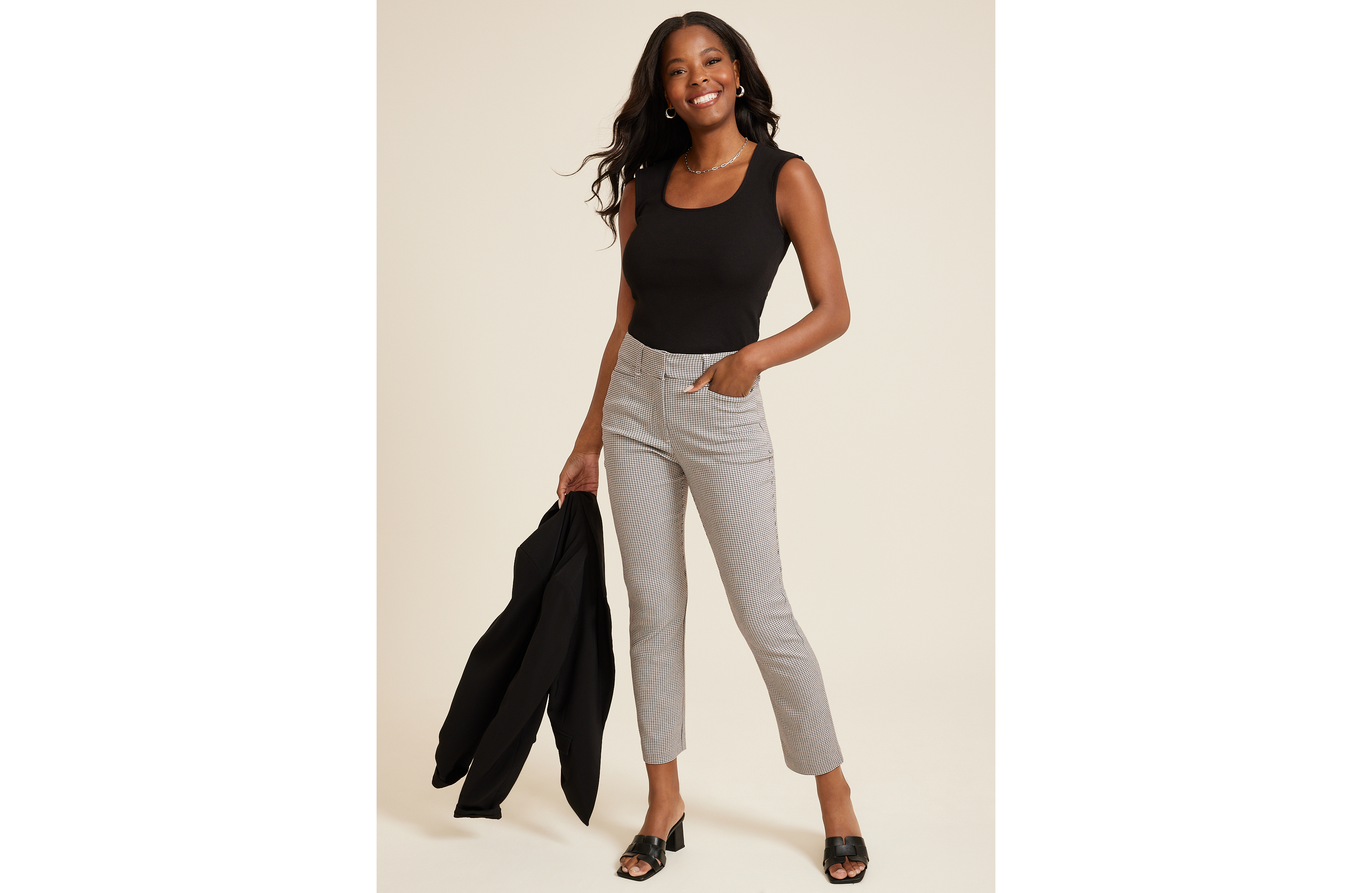 Bengaline Plaid High Rise Slim Straight Pant
