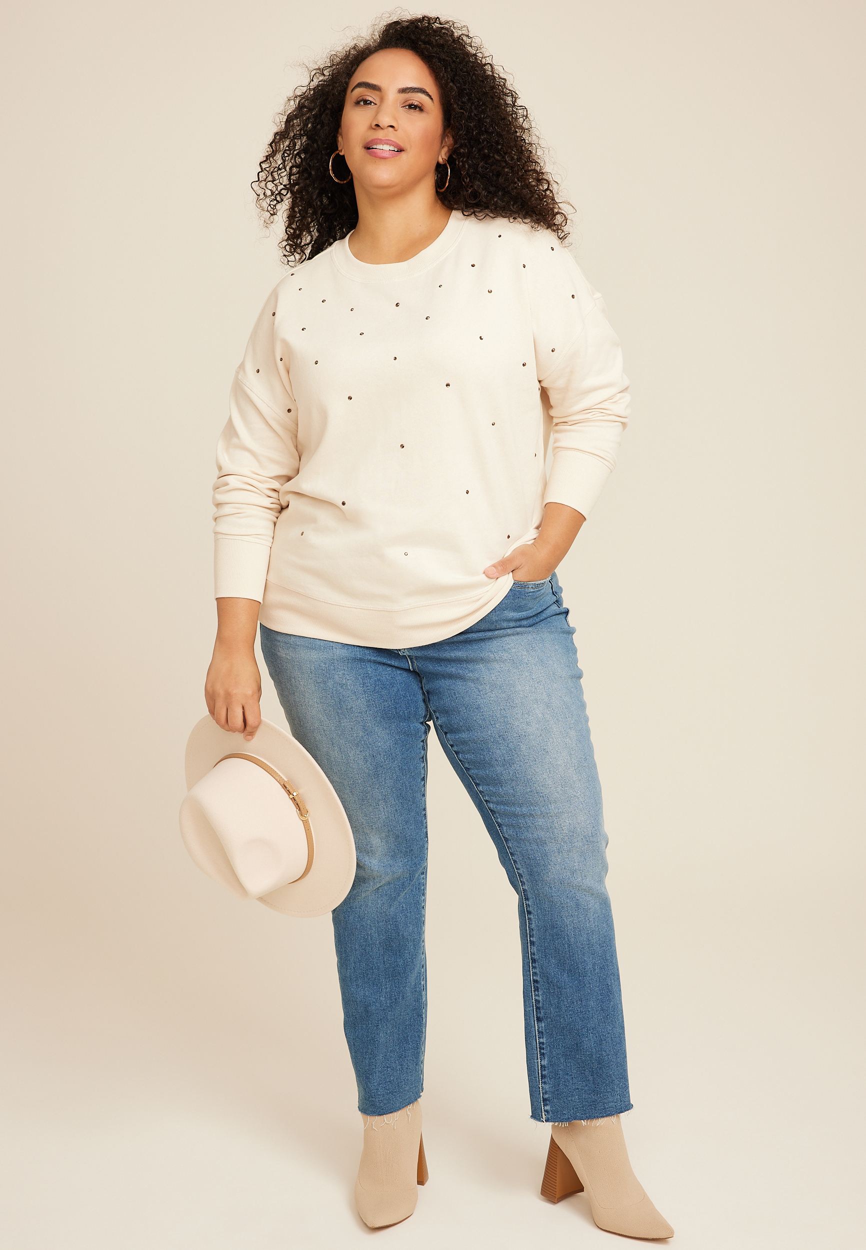 Plus Size Rhinestone Embellished Relaxed Fit Sweatshirt, C9747, large