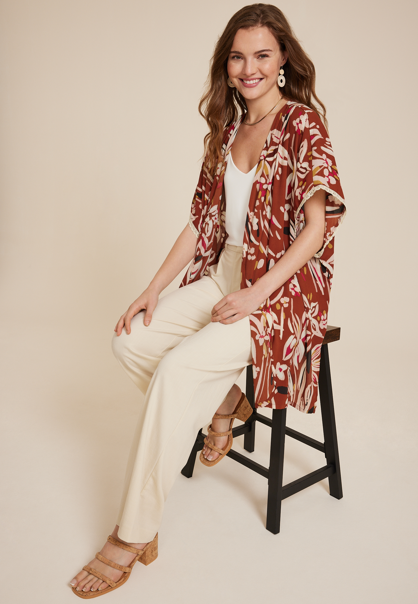 Printed Lace Trim Kimono, C9700, large
