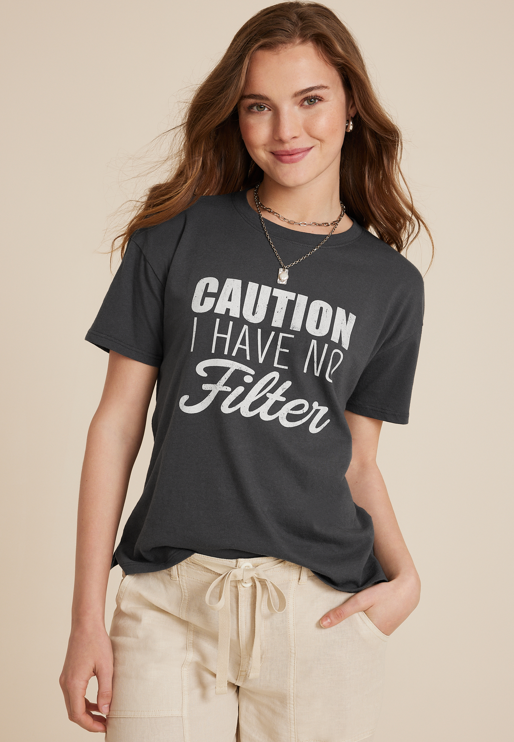 Caution I Have No Filter Oversized Fit Graphic Tee