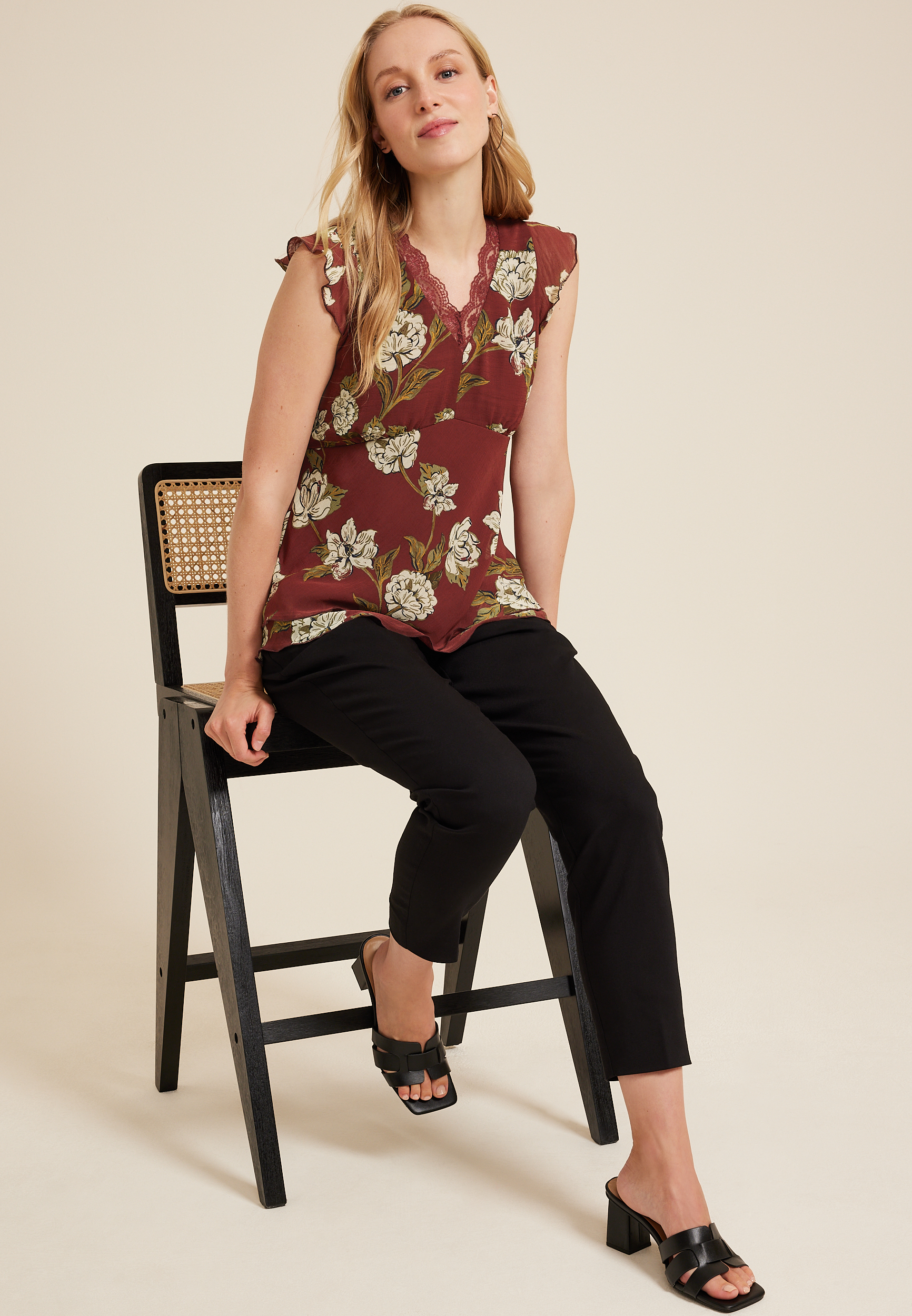 Floral Lace Trim Flutter Tank Top, C5032, large
