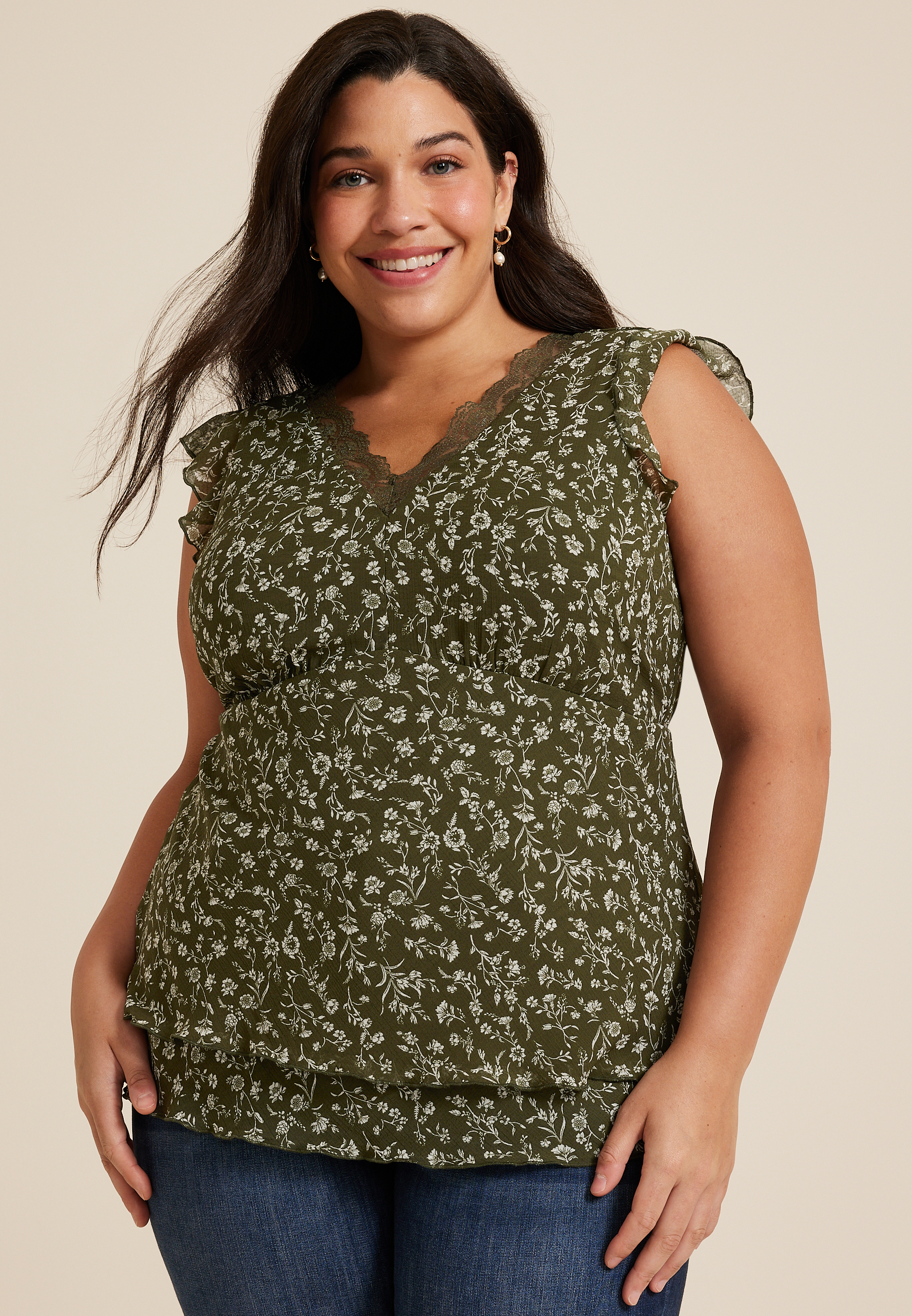 Maurices 3X Plus Size Women's Floral Lace Trim Flutter Tank Top Green