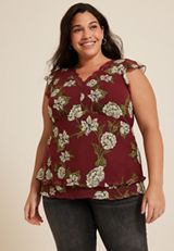 Plus Size Floral Lace Trim Flutter Tank Top, C5032, small