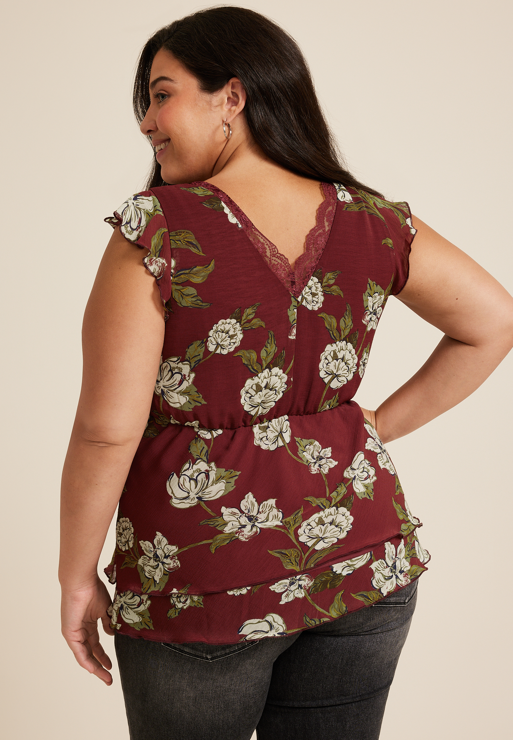 Plus Size Floral Lace Trim Flutter Tank Top, C5032, large