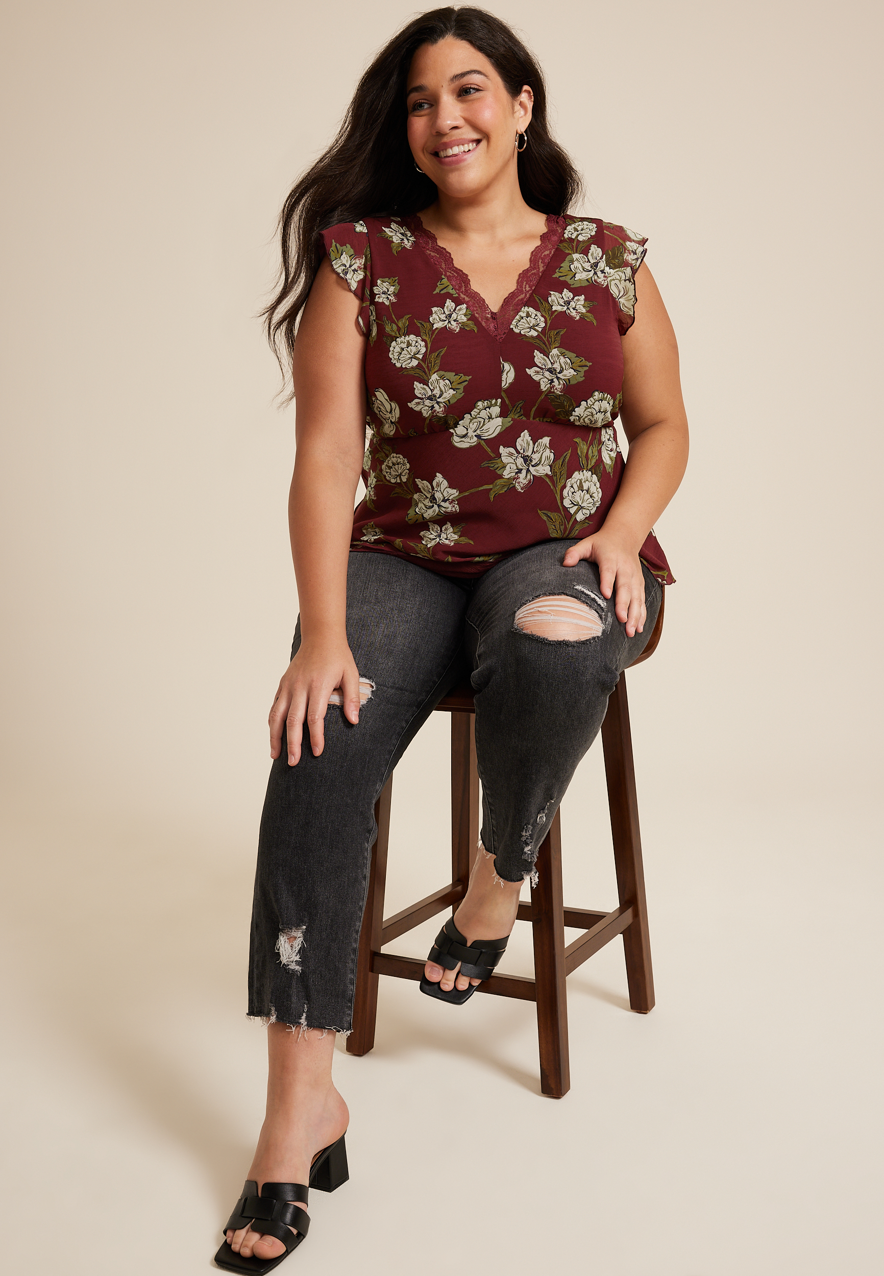 Plus Size Floral Lace Trim Flutter Tank Top, C5032, large