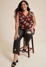 Plus Size Floral Lace Trim Flutter Tank Top, C5032, small
