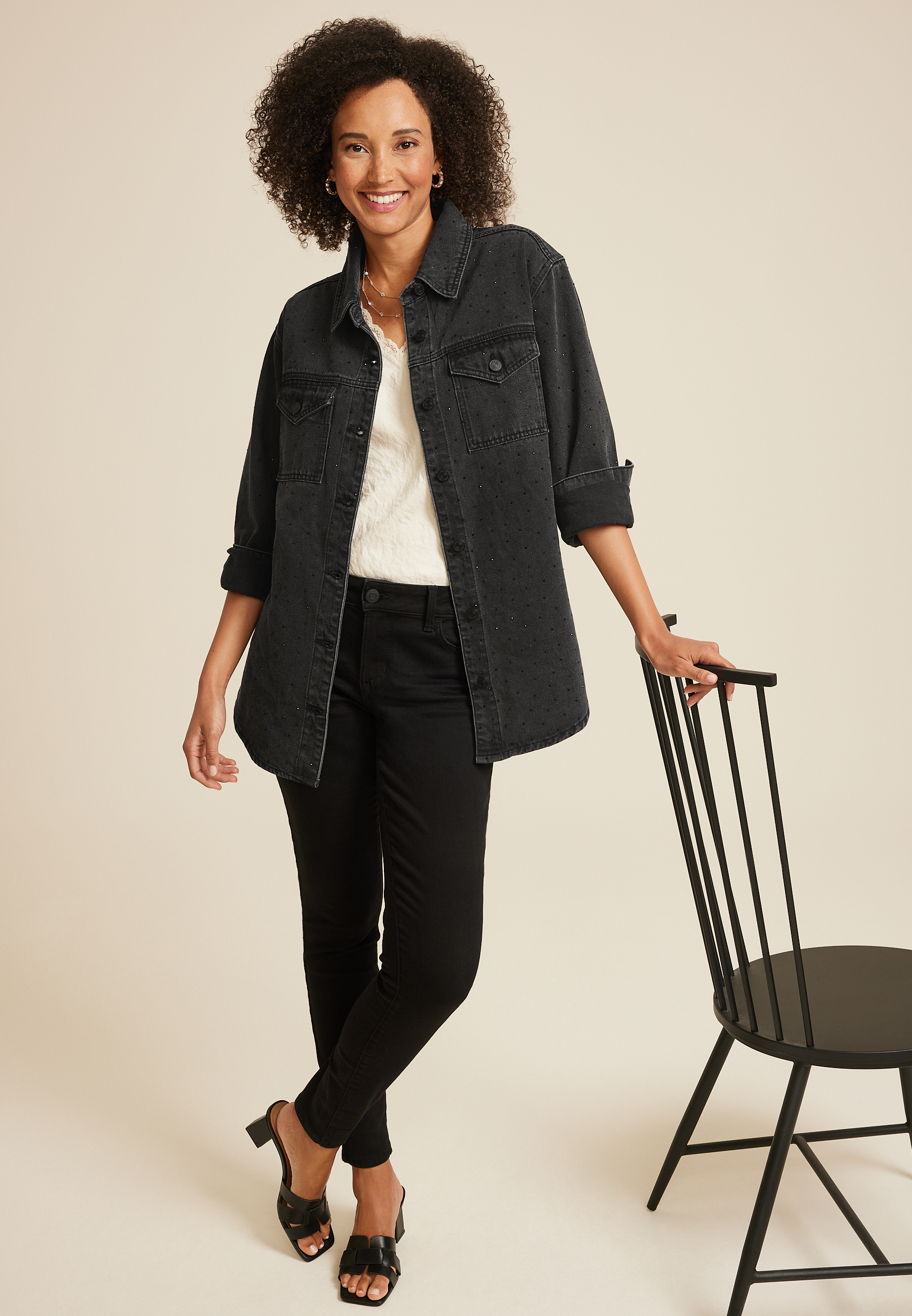 Black Sparkle Denim Shacket, C106, large