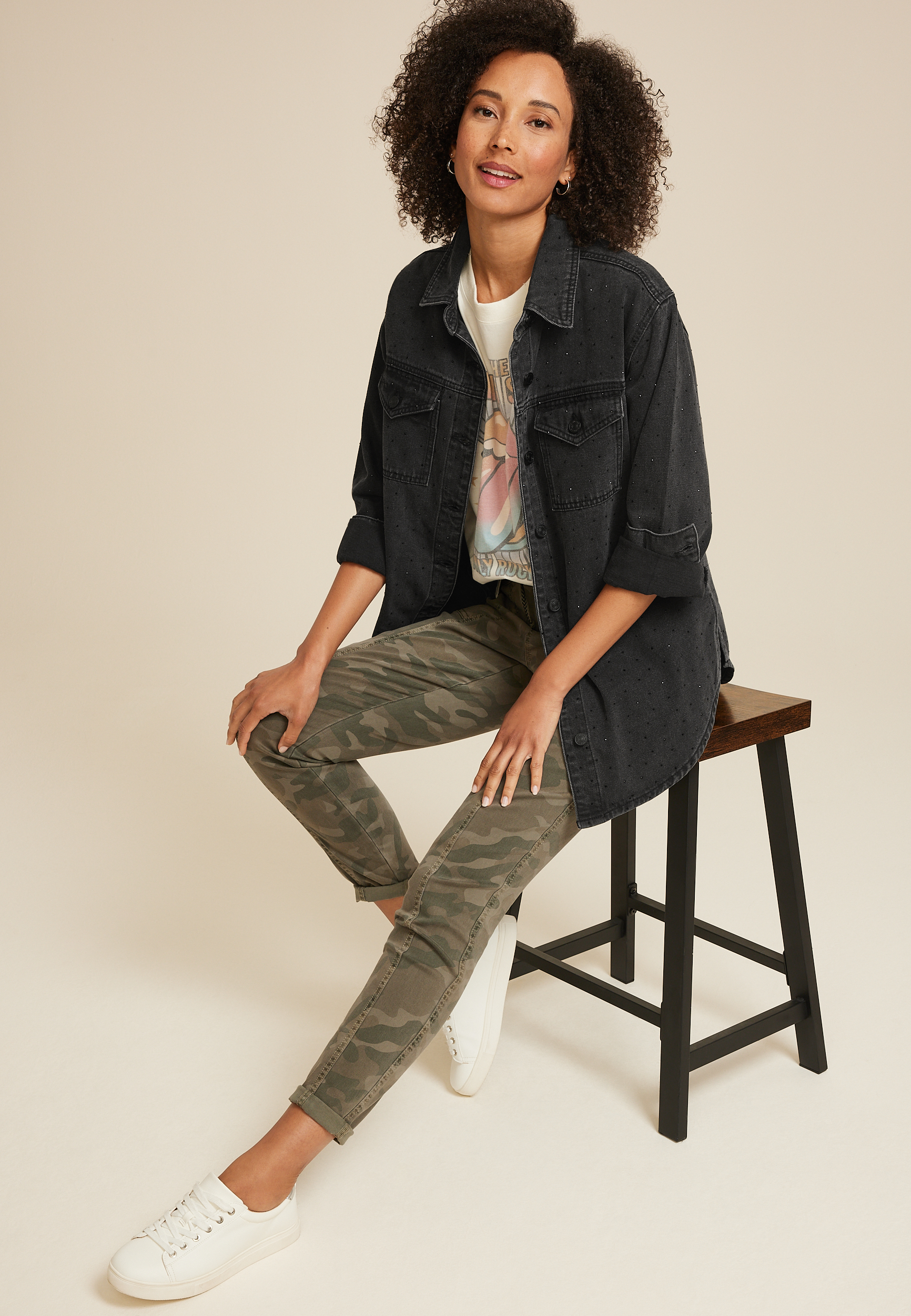 Black Sparkle Denim Shacket, C106, large