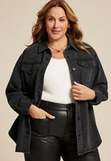Plus Size Black Sparkle Denim Shacket, BLACK, small