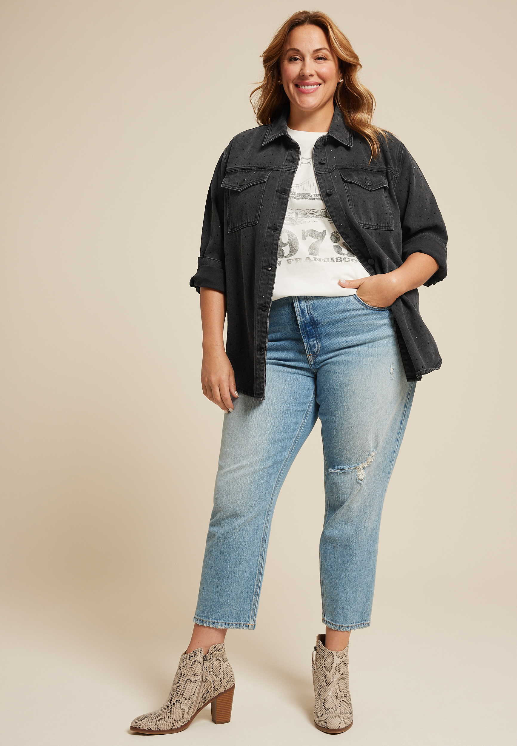 Plus Size Black Sparkle Denim Shacket, BLACK, large
