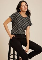 Delton Plaid Zipper Back Blouse, C1756, small