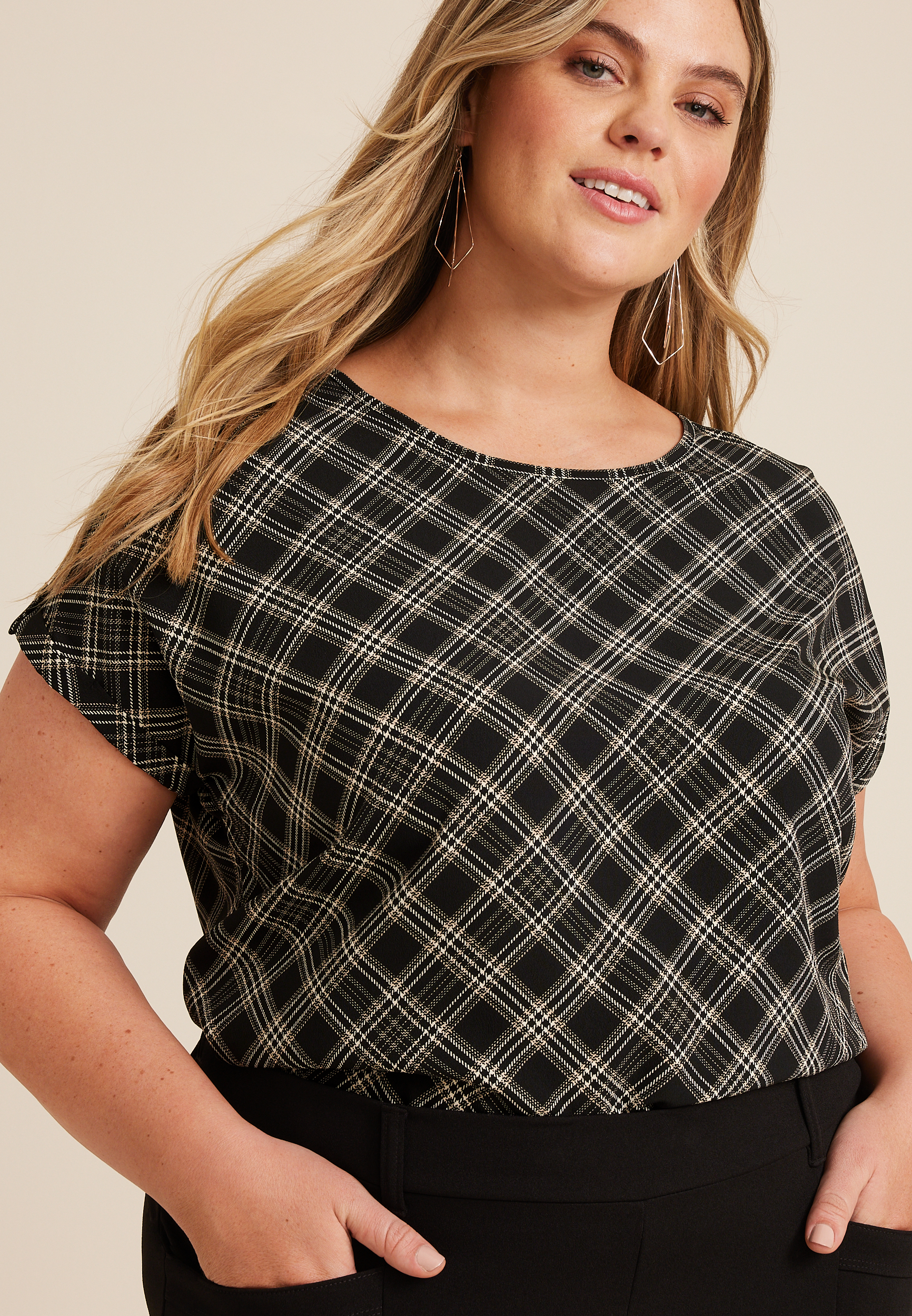 Plus Size Delton Plaid Zipper Back Blouse