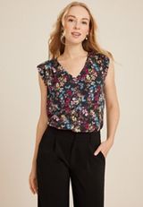 Floral V Neck Tank Top, BLACK COMBO, small