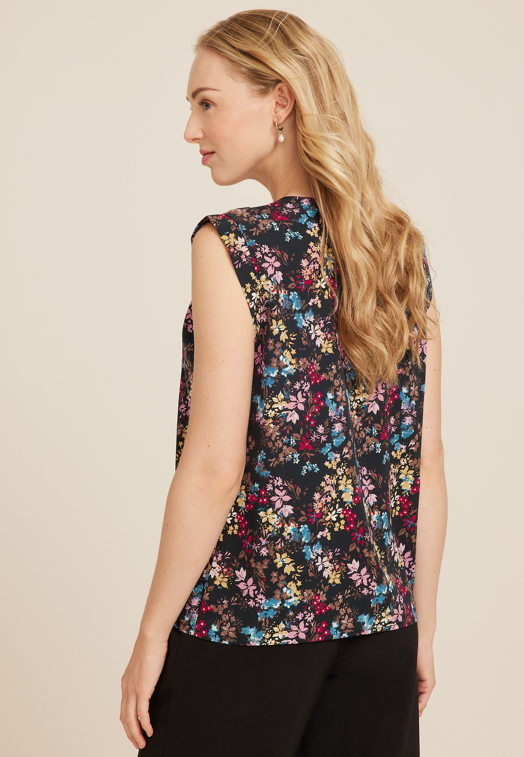 Floral V Neck Tank Top, BLACK COMBO, large