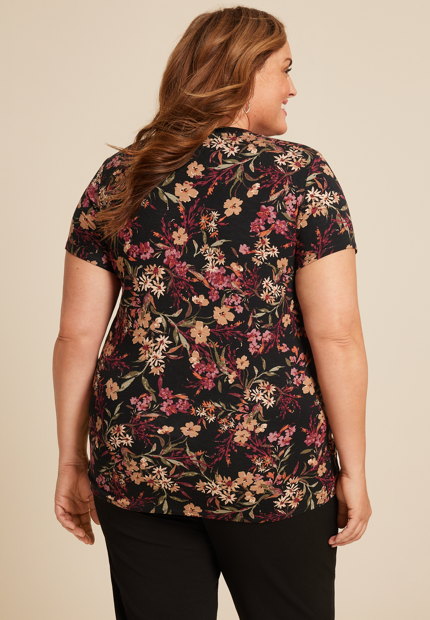 Plus Size 24/7 Kennedy Floral Crew Neck Tee, BLACK COMBO, large