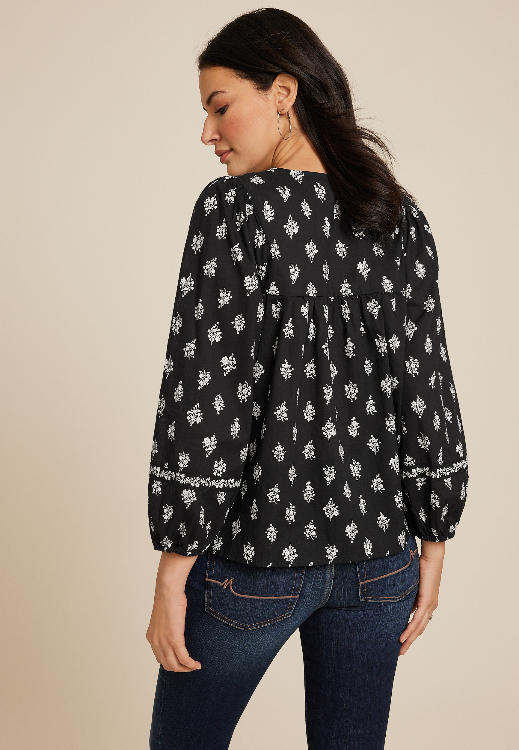 Black Floral Peasant Blouse, C1756, large
