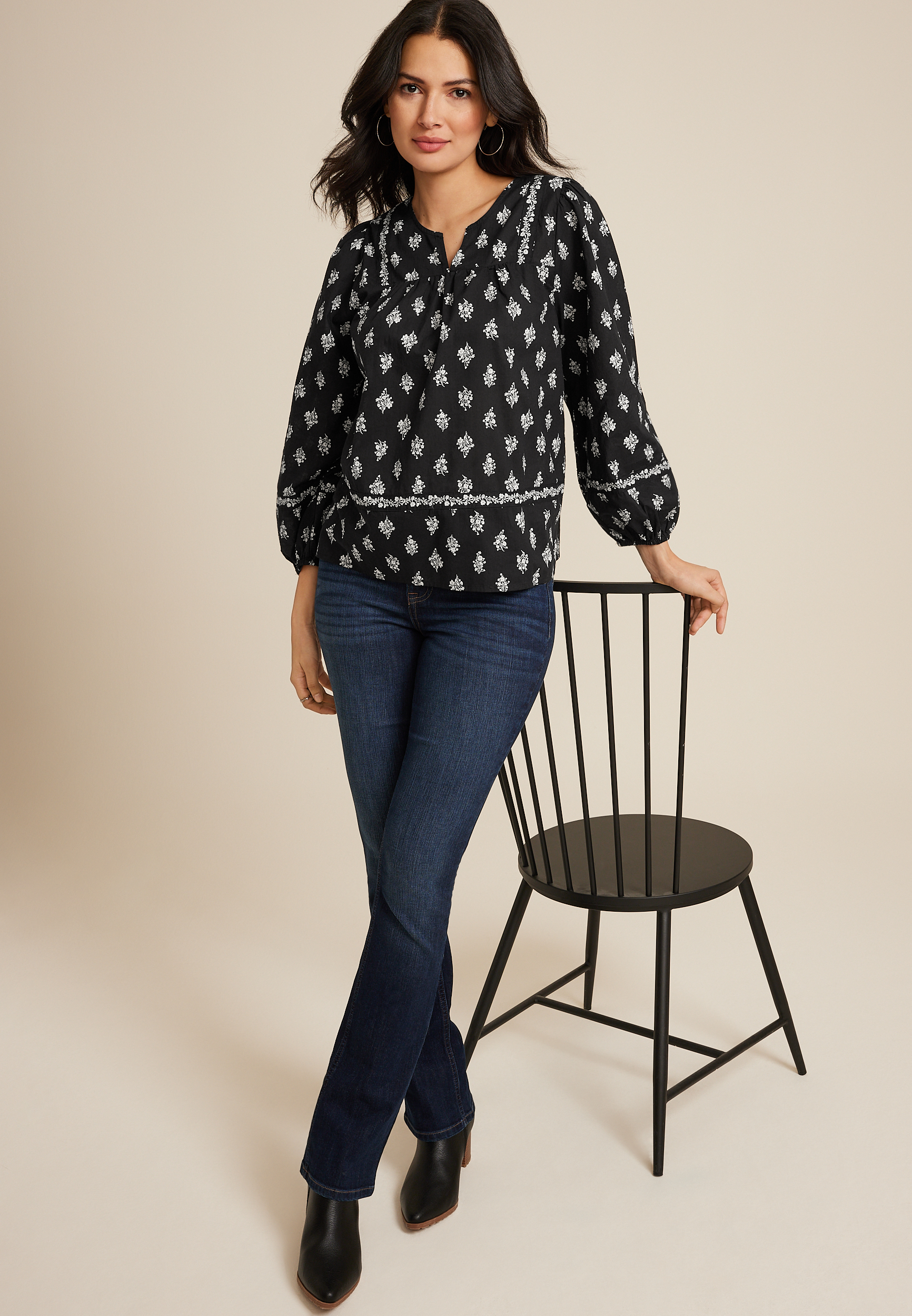 Black Floral Peasant Blouse, C1756, large
