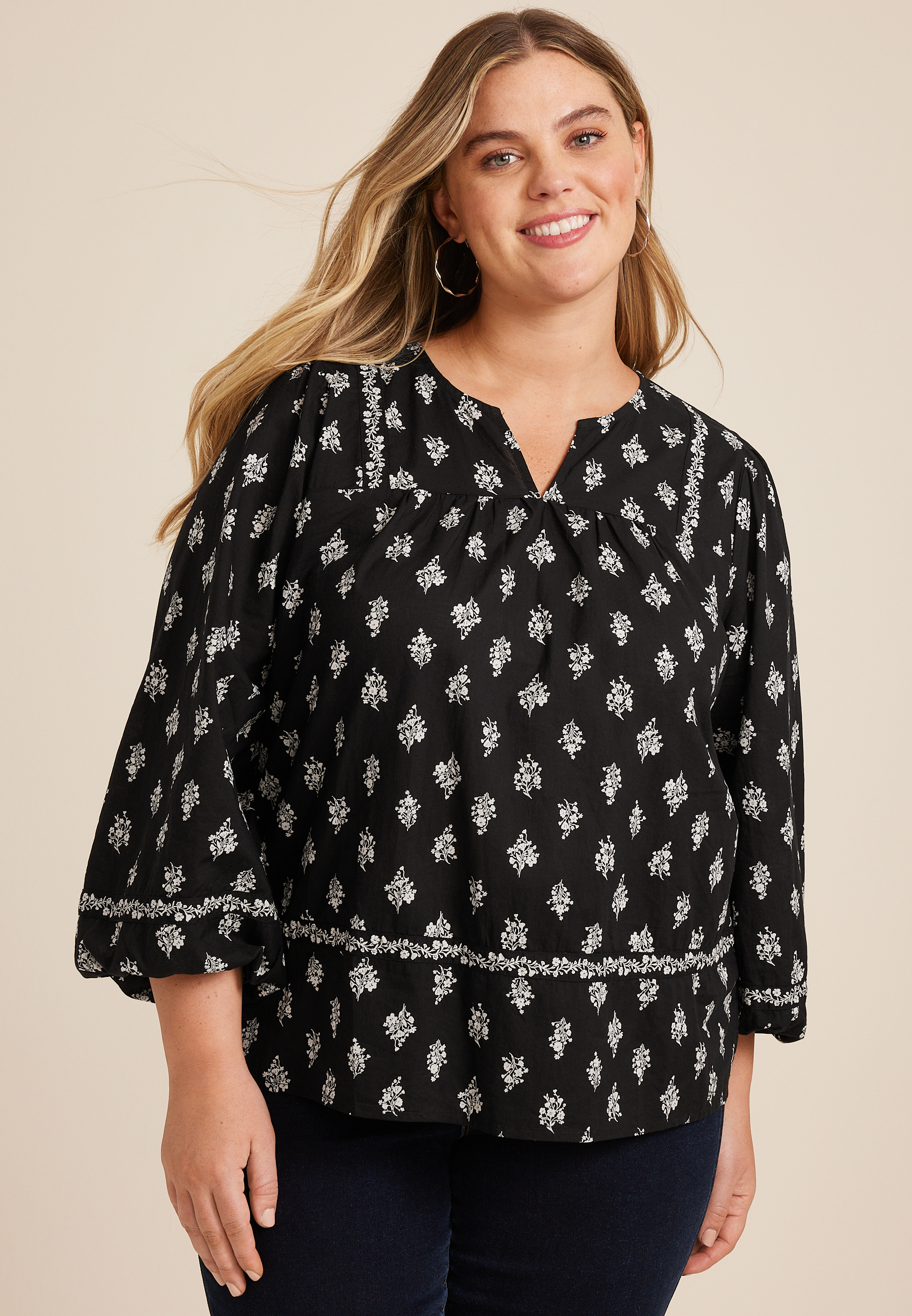 Plus Black Floral Peasant Blouse