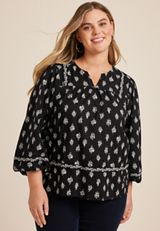 Plus Size Black Floral Peasant Blouse, C1756, small