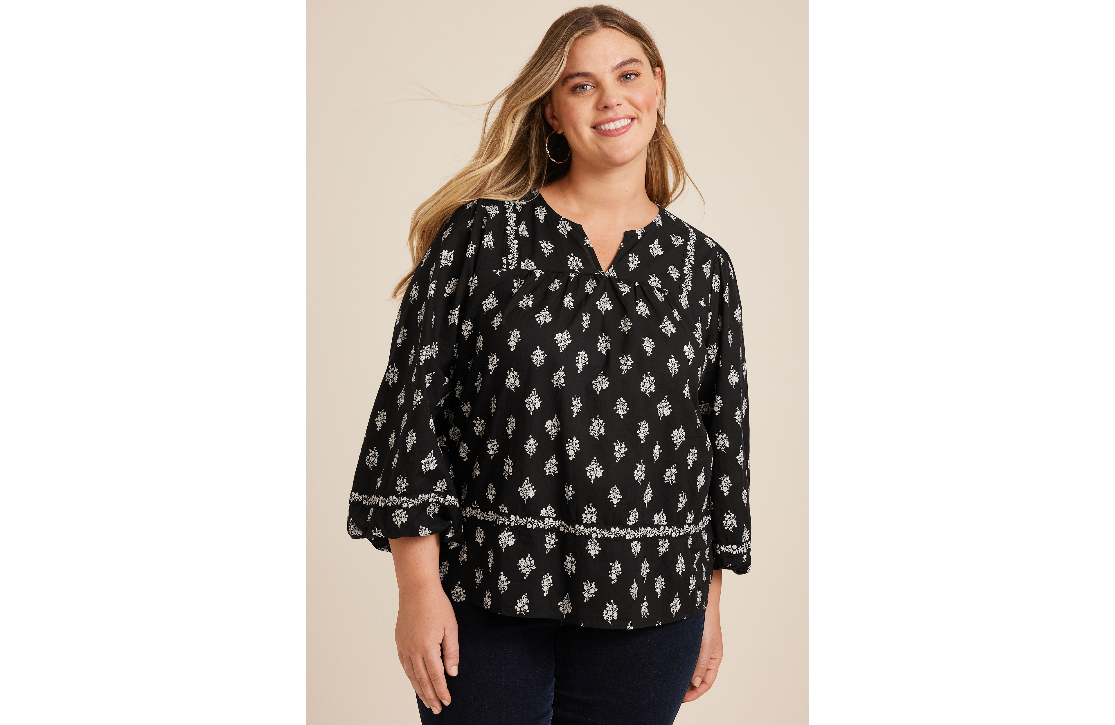 Plus Black Floral Peasant Blouse