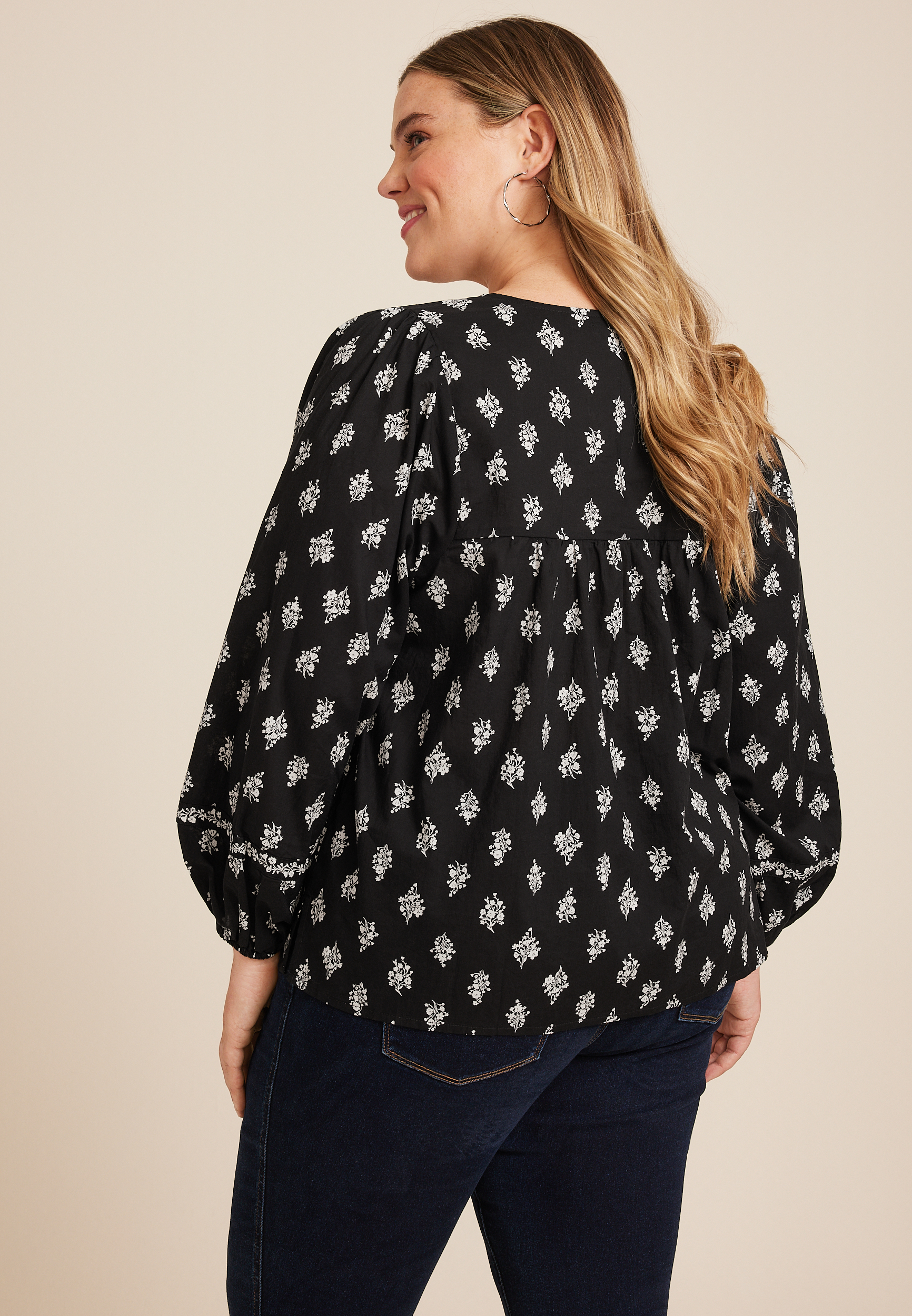 Plus Size Black Floral Peasant Blouse, C1756, large