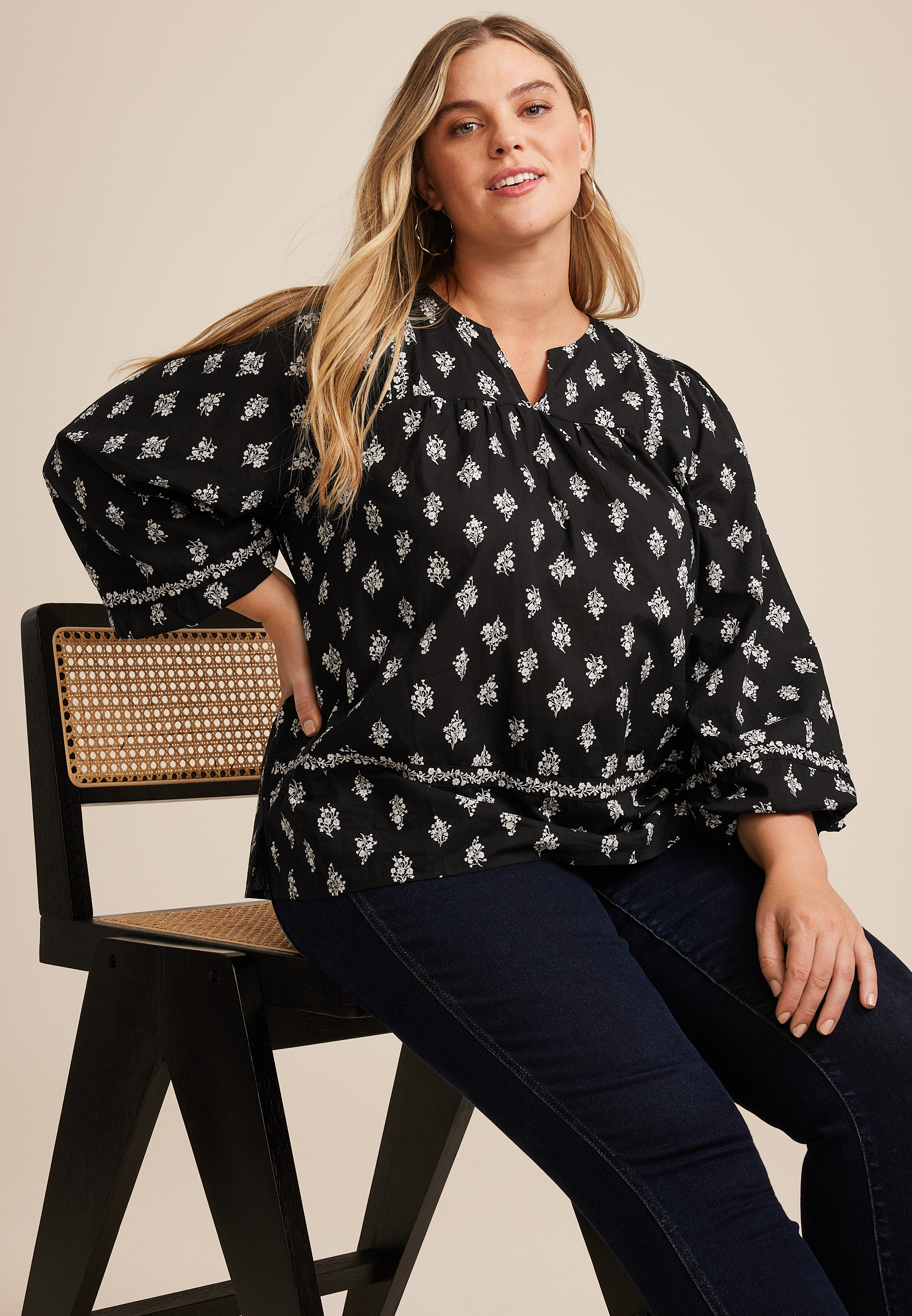 Plus Size Black Floral Peasant Blouse, C1756, large