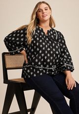 Plus Size Black Floral Peasant Blouse, C1756, small