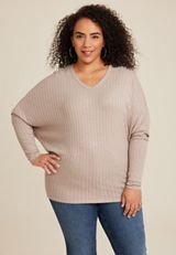 Plus Size 24/7 Dakota V Neck Dolman Top, HEATHERED COCOA, small