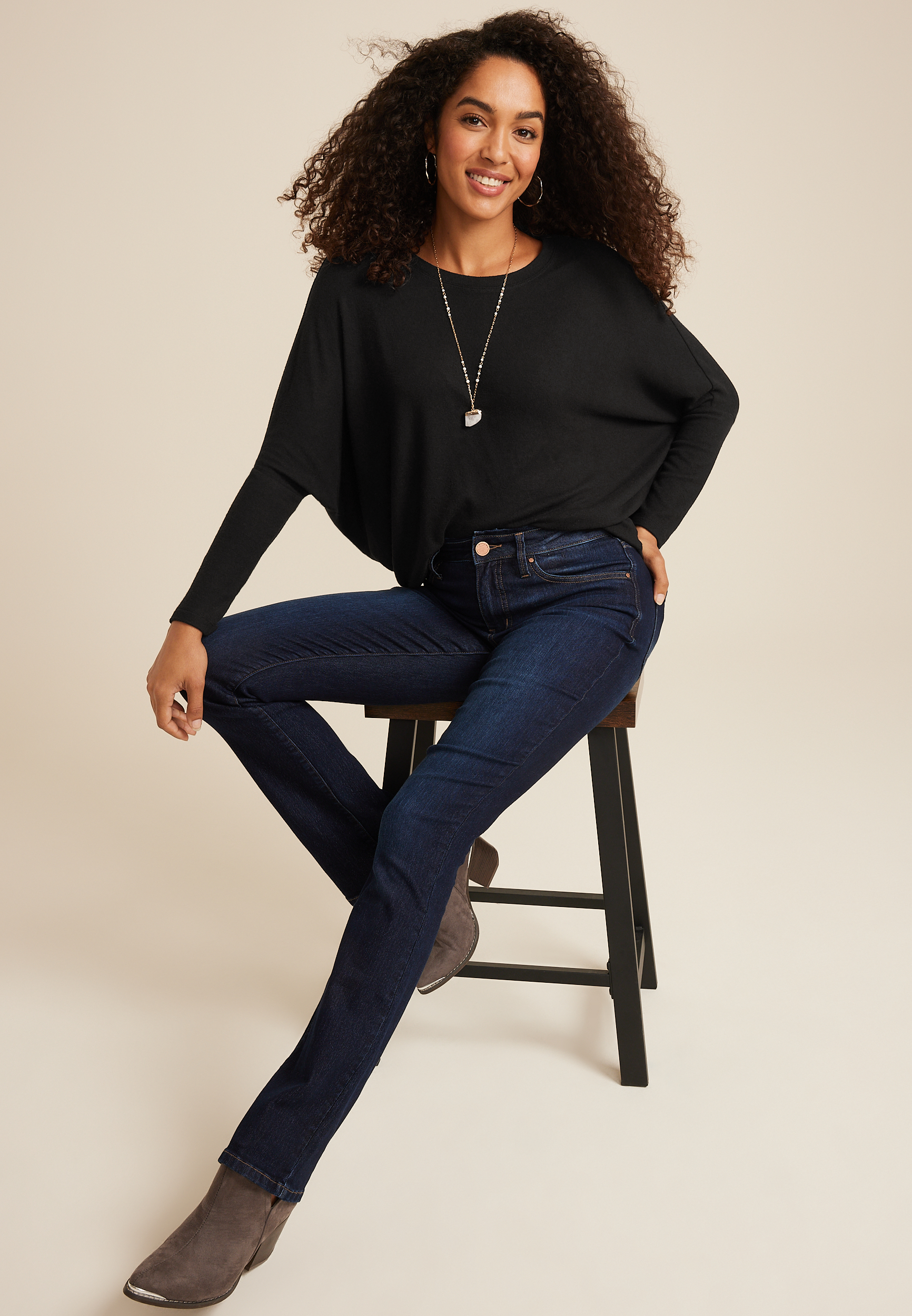 24/7 Dakota Long Sleeve Dolman Top, BLACK, large