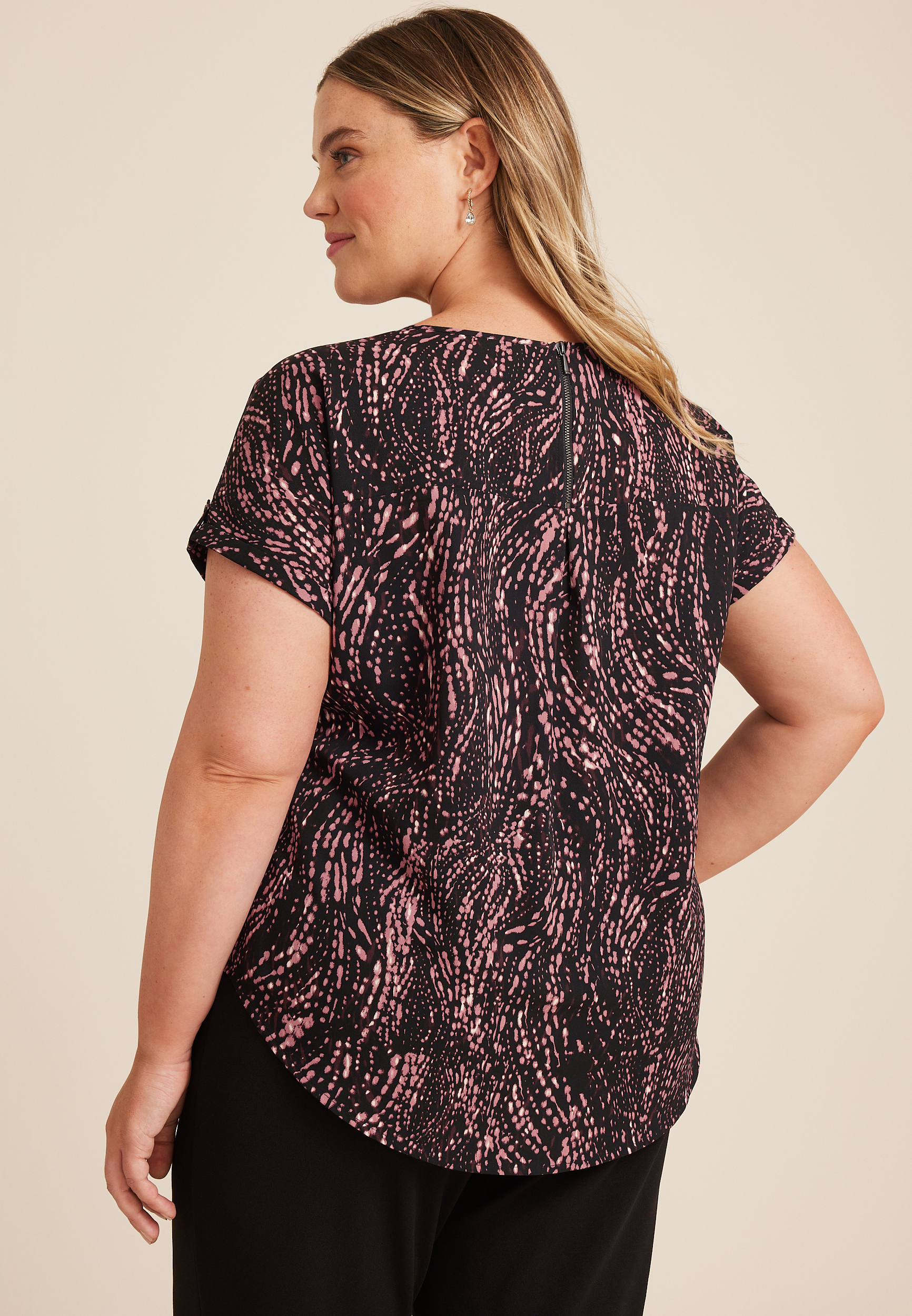 Plus Size Delton Abstract Dots Zipper Back Blouse, BLACK COMBO, large