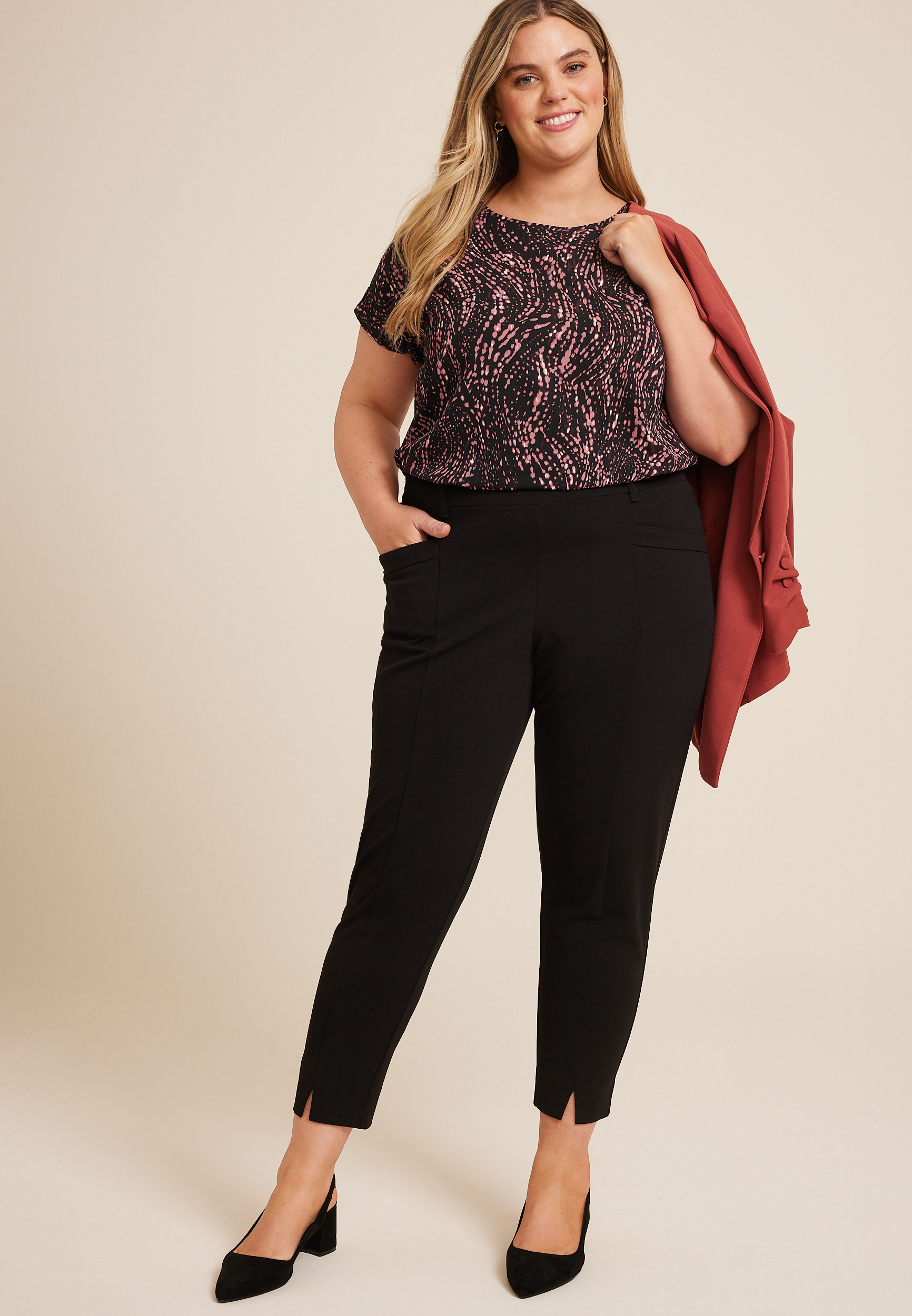 Plus Size Delton Abstract Dots Zipper Back Blouse, BLACK COMBO, large