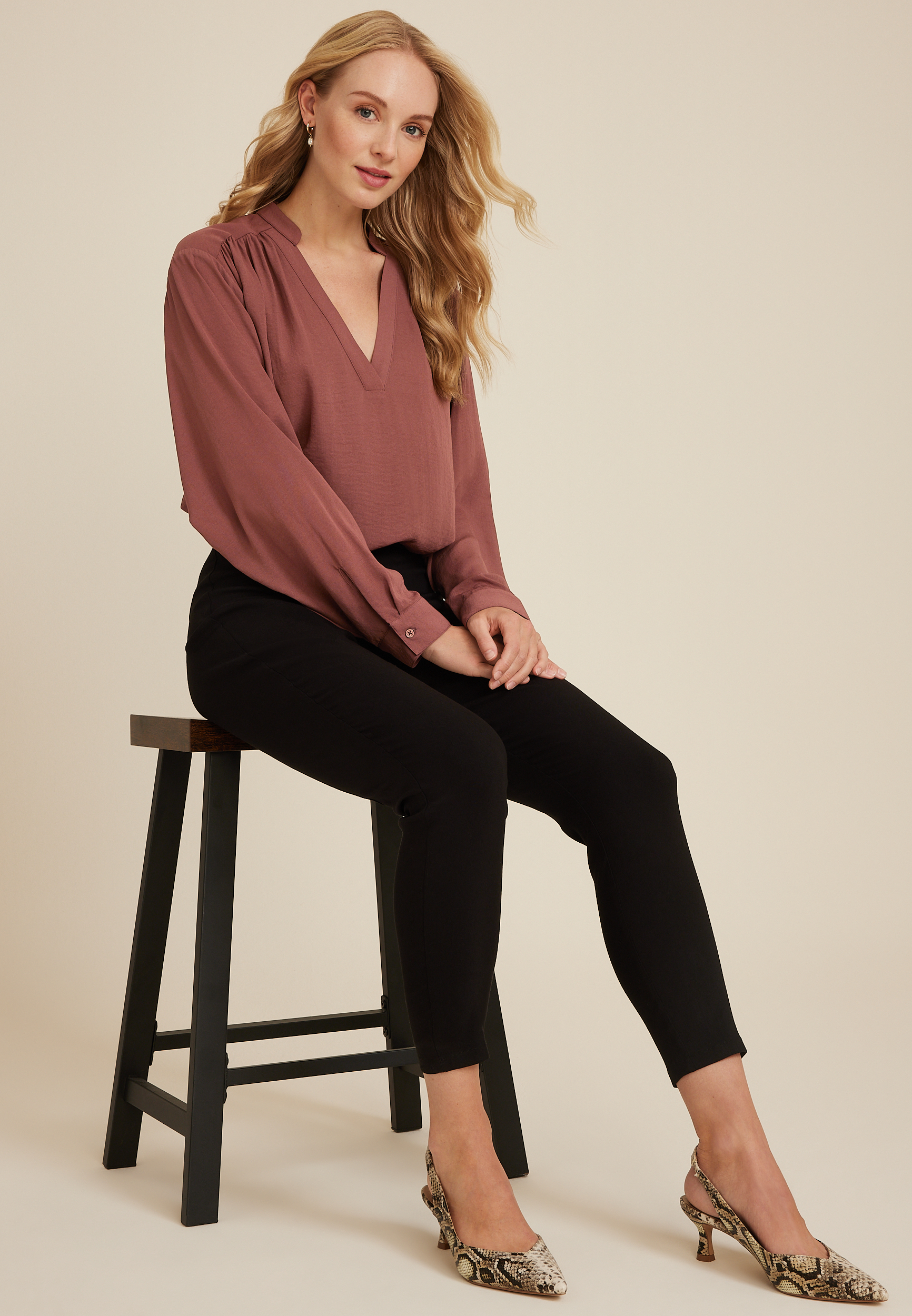 Dolman Long Sleeve V Neck Blouse, COCONUT SHELL, large