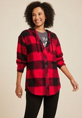 Cabin Collegiate Plaid Hooded Button Down Shirt, C7299, small