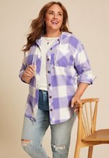Plus Size Cabin Collegiate Plaid Hooded Button Down Shirt, C2228, small